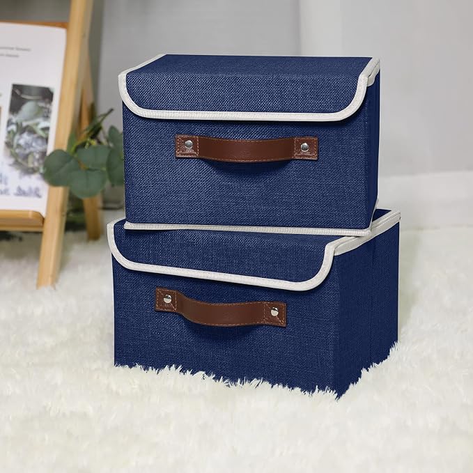 ANMINY Fabric Storage Box Bins with Lids, Blue, 10"x8"x7", 4 Pack | Keepsake Memory Storage, Cotton Linen, PP Board Reinforced, Washable, PU Handles, Foldable & Stackable, Decorative, Small