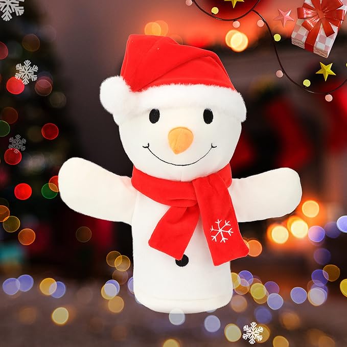 Cuteoy Plush Snowman Hand Puppet Stuffed Animal Toy Open Movable Mouth Creative Role Play Storytelling Plushies Gifts for Kids Toddlers Birthday Christmas