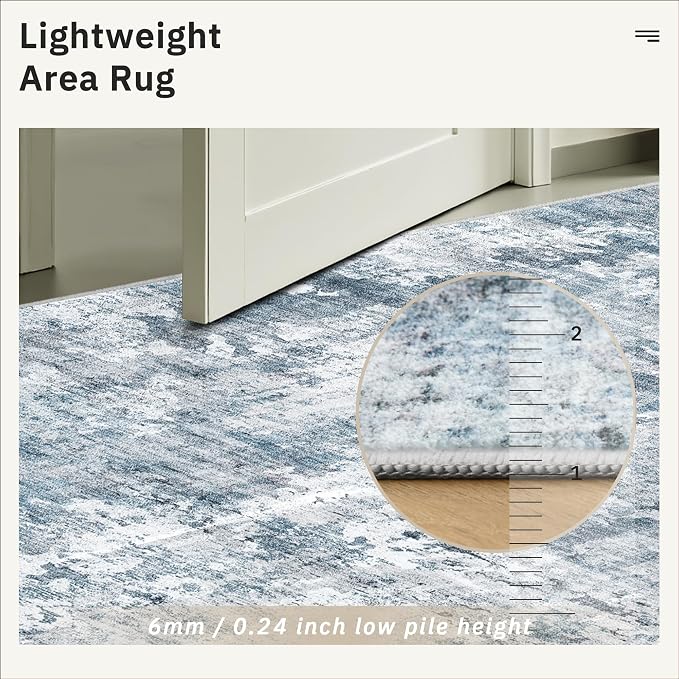 Soalmost Abstract Rug 8x10 Large Living Room Area Rugs Washable Blue/Grey | Modern Non-Slip Carpet for Dining Bedroom, Stain Resistant Foldable Thin Low Pile Floor Mat Under Table Home Office Decor