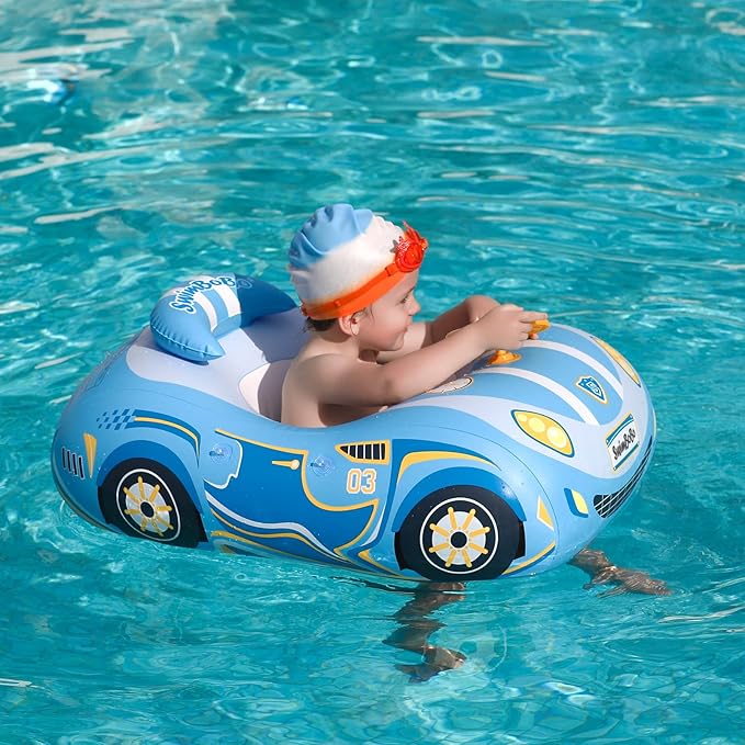 Swimbobo Toddler Pool Float Inflatable Car Baby Swim Float with Adjustable Sun Canopy and Safety Seat Pool Toys for Kids 3+ Years Old (Blue Sports Car)