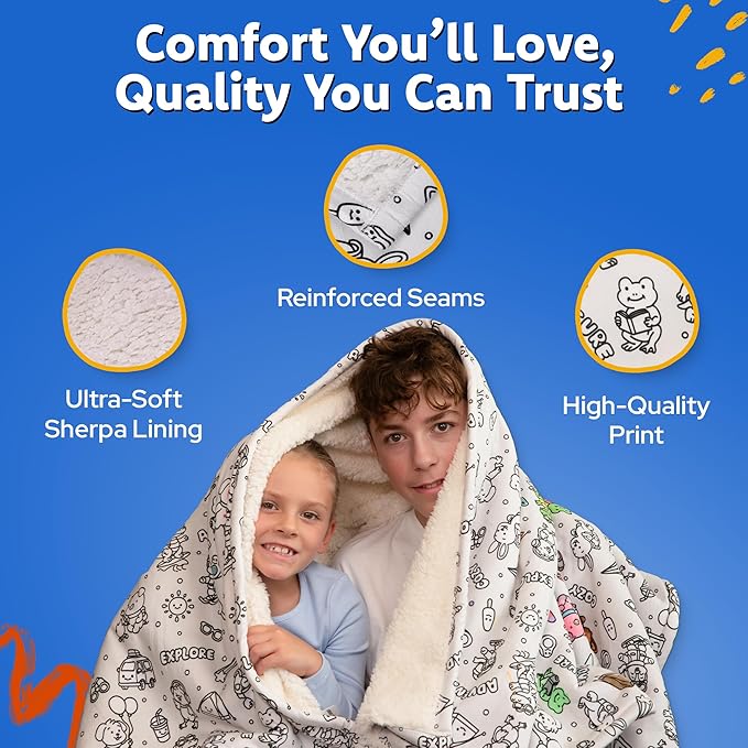 Craftikit Cozy Coloring Blanket for Kids & Adults -15 Markers | 40" x 60", Fabric Markers Included, Permanent Vibrant Sherpa Fleece Design, Ages 3+, Machine Washable, Gift Wrapped