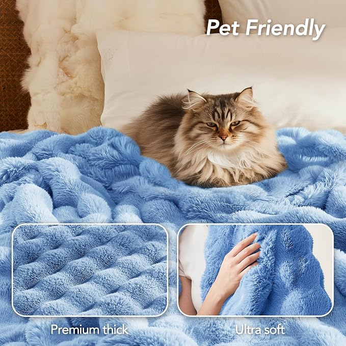 L'AGRATY Faux Rabbit Fur Throw Blanket for Couch, 50'' x 60'', Airy Blue | Soft Cozy Bubble Fluffy Blanket for Sofa Bed, Thick Warm Plush Fuzzy Throw for Room Home Decor, Luxury Gift for Women Mom