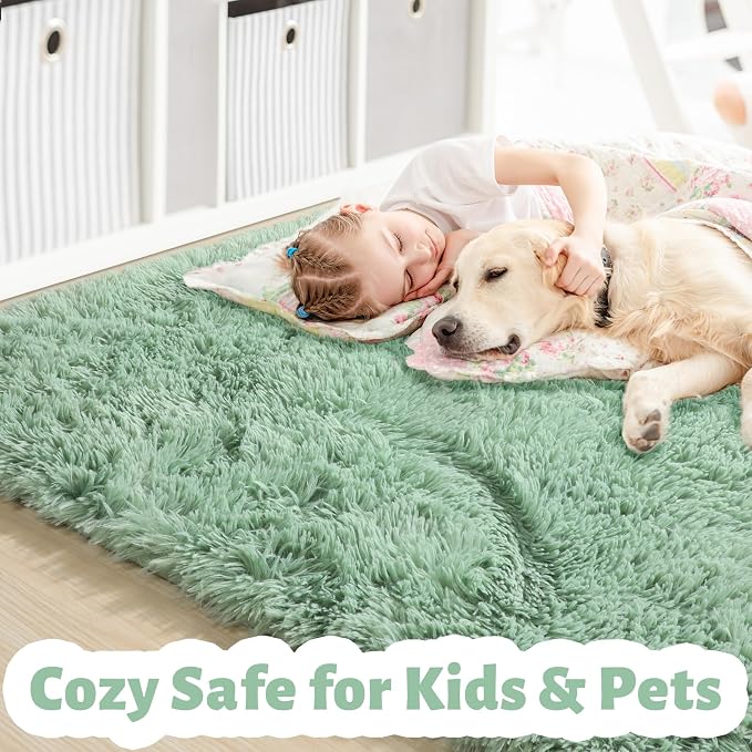 Amdrebio Sage Green Furry Area Rug 5x8 for Bedroom Living Room Classroom | Fuzzy Fluffy Shag Shaggy Kids Carpet, Nursery Dorm Playroom Reading Corner Decor, Light Mint Green Color, Baby Toddler Accent