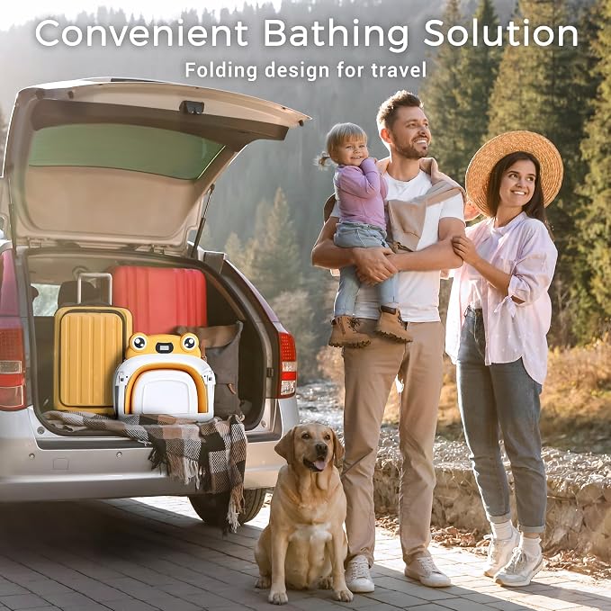 BUNWAG Baby Bathtub, Collapsible Newborn Bathtub for Infant to Toddler with Soft Cushion and Thermometer,Portable Travel Newborn Tub with No-Slip Feet, Baby Shower Gifts, 0-12 Months Baby Bath, Yellow
