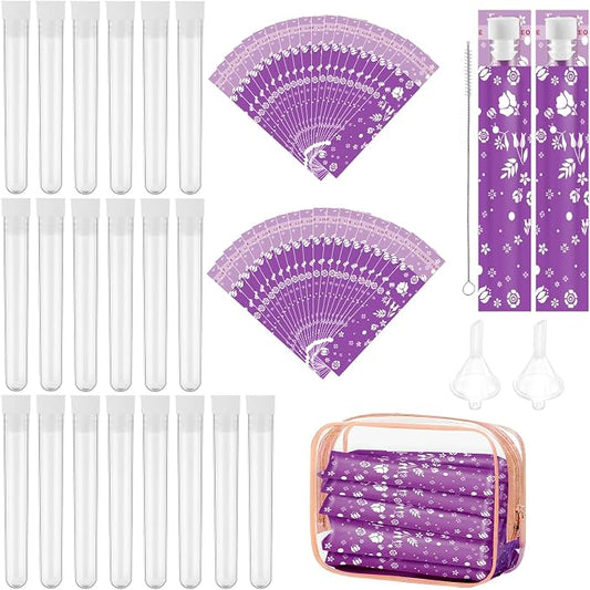 64 Pcs Tampon Flasks Set Includes 20 Reusable Plastic Flasks, 40 Self Adhesive Wrappers, 2 Funnels, Clear Storage Bag, Clean Brush, Tube Flasks for Cruise Event, Concert, Outdoor Sports (Purple)