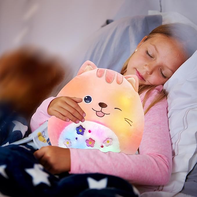 Easfan 12" LED Kitty Plush Pillow Soft Pink Cat Glowing Plush Toy Cute Stuffed Animal Home Room Decoration Birthday Get Well Gifts for Kids Toddlers
