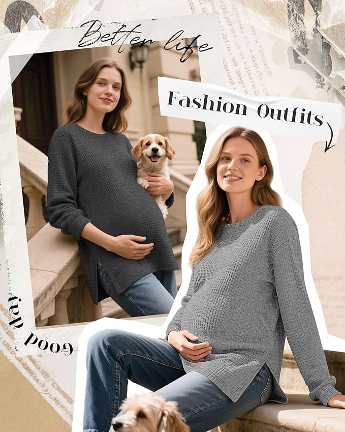 3 Pack Women's Maternity Shirts Long Sleeve Waffle Knit Side Split Oversized Tops Pregnancy Clothes Fall Tees