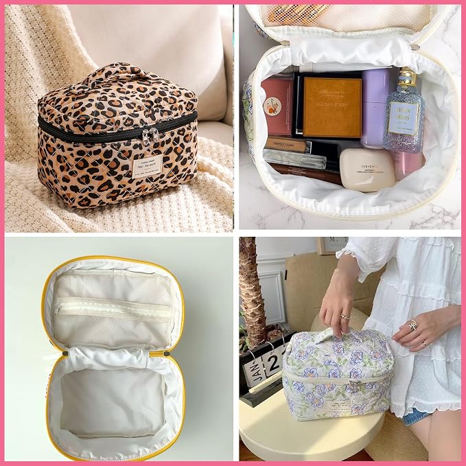 uekeboag Large Travel Quilted Makeup Bag for Women, Floral Cotton Cosmetic Bag, Coquette Aesthetic Floral Toiletry Organizer Bag