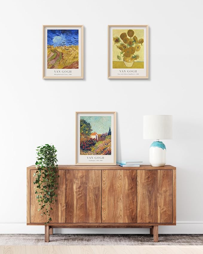 HesenDot Van Gogh Framed Wall Art,Vintage Canvas Prints Set of 3 | 12x16IN Canvas Prints,Wheatfield Sunflowers Landscape Art,High Framed Design Wall Decor Living Room Bedroom Bathroom Office