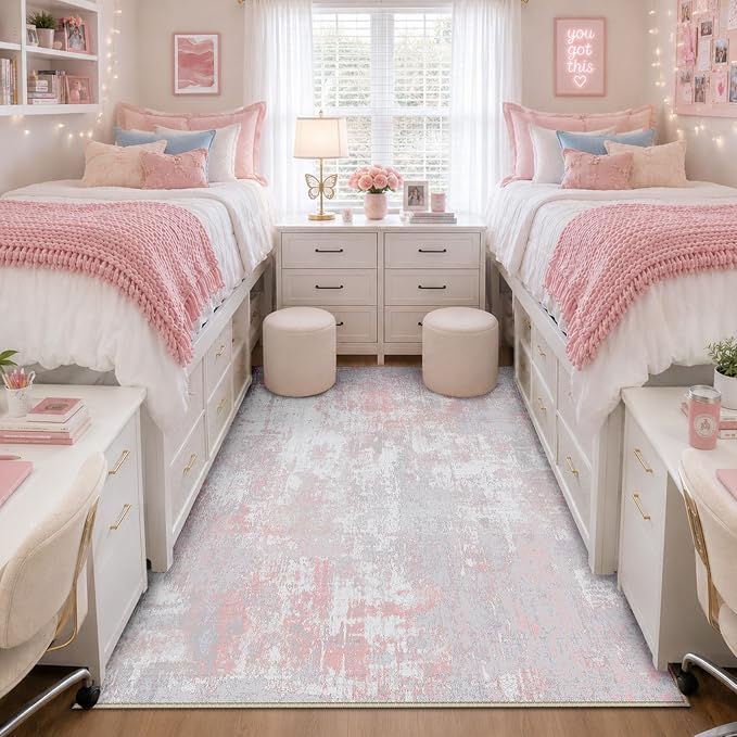 RELEANY Washable 4'x6' Abstract Area Rug for Living Room Gray Pink | carpet for bedroom, kitchen, office, hallway and entryway, printed pattern, non-slip, soft, stain-resistant, easy to clean