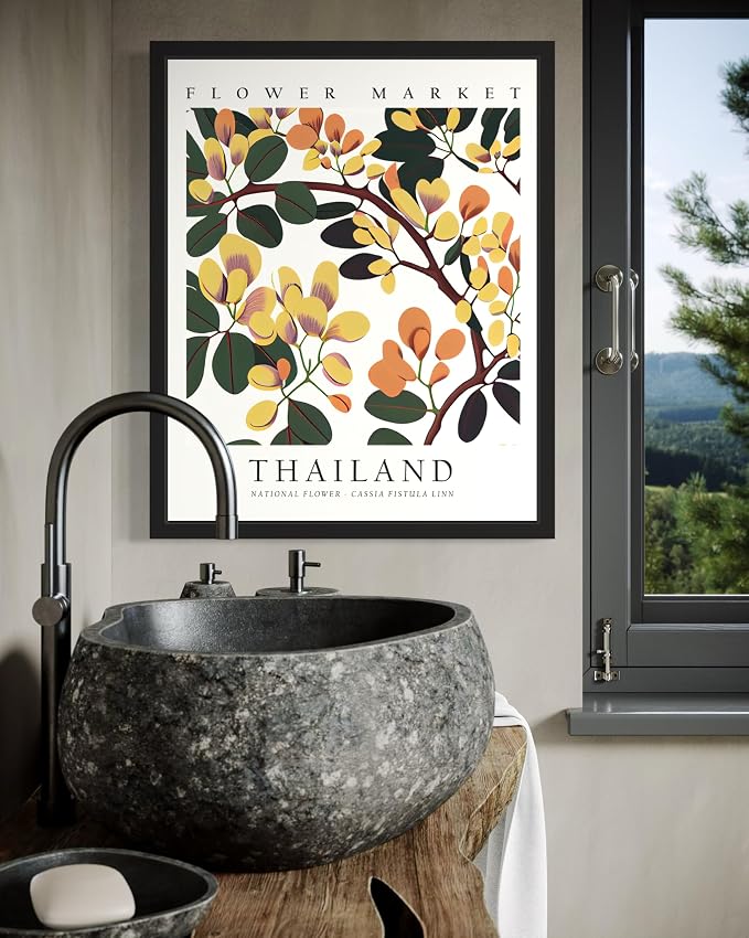 Thailand, Cassia Fistula Linn Art Print Poster, Flower Market Wall Art, Floral Artwork Decor for Bedroom, Kitchen, Bathroom, Livingroom Decoration 52 (Thailand, Cassia Fistula Linn, 14"L x 11"W, Black Frame)