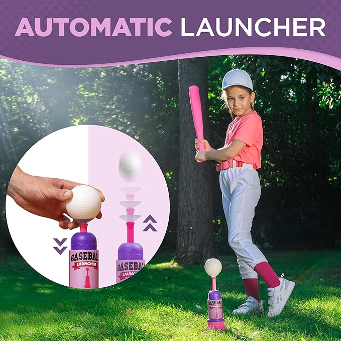 TOMLEON T Ball Stand for Kids and Toddlers 1-3, 3-5, 5-8. Baseball Set Includes 6 Large Balls, an Adjustable Tball Batting Tee, and a Pitching Machine. Kids Bat and T-Ball Set