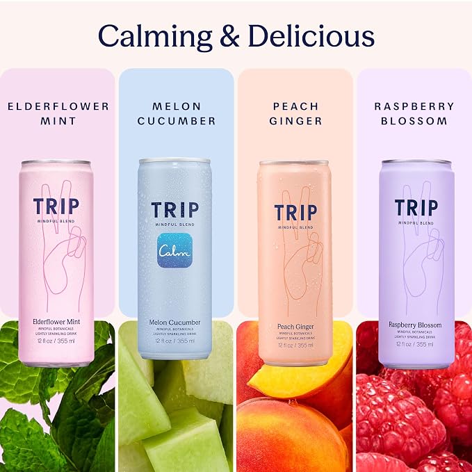 TRIP Lightly Sparkling Adaptogen Seltzer, Non-Alcoholic Mocktail with Magnesium, Ashwagandha, Lions Mane & L Theanine, No Added Sugar, Vegan, Original Variety Pack, 12 Oz, 12Pk