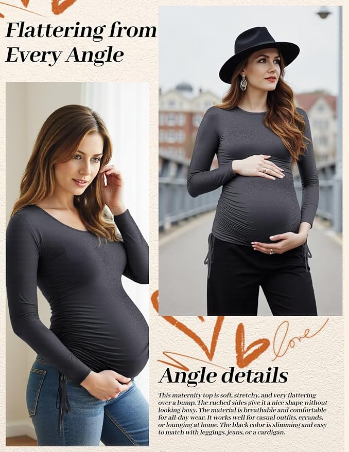 Fotociti Maternity Shirts Long Sleeve, Pregnancy Side Ruched Tops,Women’s Clothes for Mama Work Casual Yoga Wearing