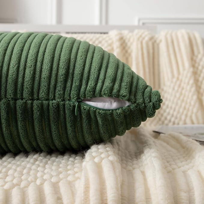UGASA Velvet 18x18 Inch Soft Throw Pillow Cover Decorative Corduroy Striped Both Sides Solid Square Cushion Case Boho Farmhouse for Couch Bedroom Sofa Home, 1 Piece, Moss Green