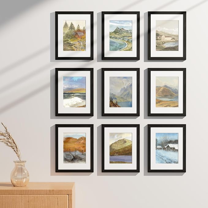 Vittanly 8.5x11 Picture Frames Set of 9, Shatter Resistant Plexiglass, Display 6x8 Pictures with Mat or 8.5x11 without Mat, Photo Frames for Wall or Tabletop, Engineered Wood, Black