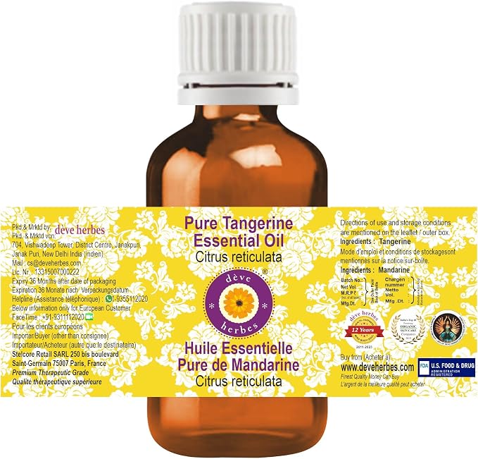 Deve Herbes Pure Tangerine Essential Oil (Citrus reticulata) Steam Distilled (Pack of Three) 100ml X 3 (10 oz)
