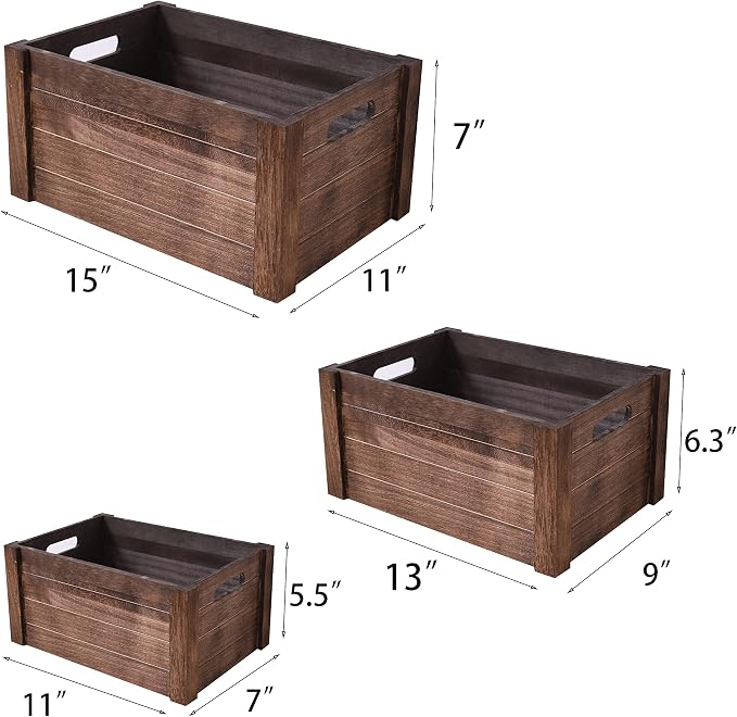Farmhouse Antique Black Wooden Crate for storage,Rustic Decorative Boxes,Set Of 3 Nesting Wooden Storage Crates For display,Handmade Natural Solid Wood Box (Rustic Black)