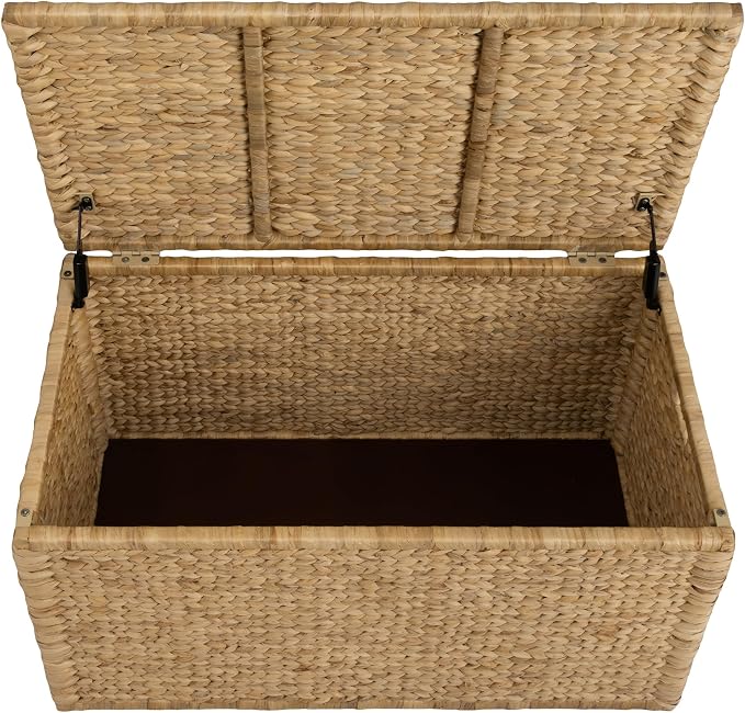 Water Hyacinth Blanket Storage Trunk, Natural, 36 x 20 x 18.5 | Metal Frame, 2 Safety Hinges, Wicker Decorative Storage Chest, Living Room Organization