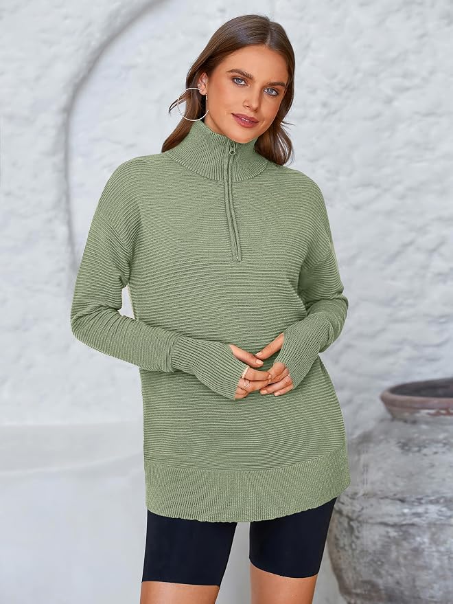 PRETTYGARDEN Womens Long Sleeve Quarter Zip Pullover Sweater Casual Loose V Neck Collared Ribbed Knit Jumper Tops Thumb Hole