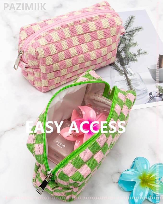 PAZIMIIK 6PCS Checkered Makeup Bag for Purse Portable Zipper Make Up Pouch Small Cosmetic Case for Travel Accessories Pink Green