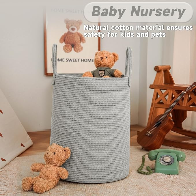JMvicyroam 100L Cotton Rope Laundry Basket Hamper, Grey | Collapsible laundry basket, reinforced handles, freestanding, machine washable, holds 3-5 thick blankets, clothes or toys