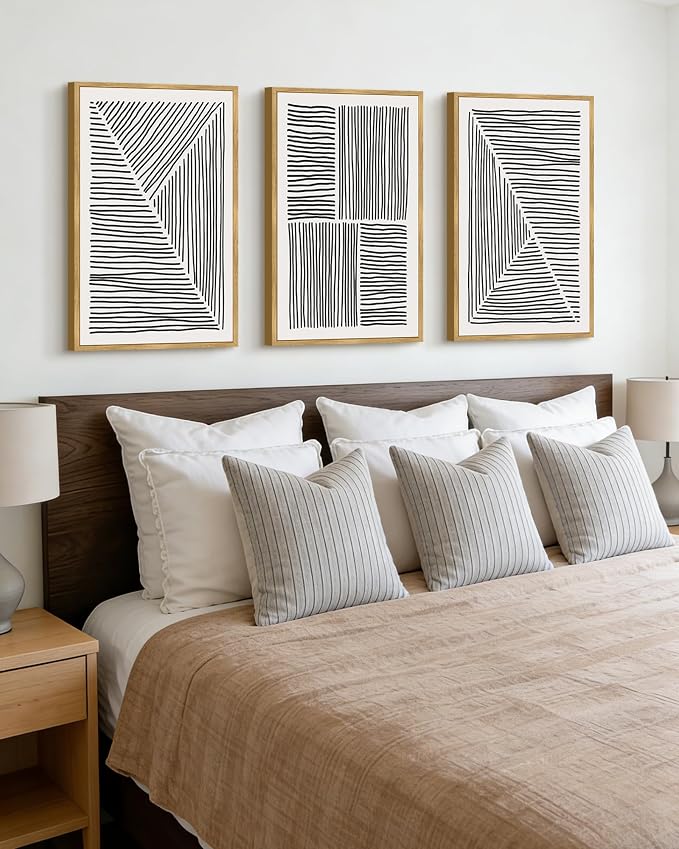 Drsoum Mid-Century Modern Framed Wall Art Large 16x24in Minimalist Abstract Boho Black Line Wall Decor Geometric Artwork Kitchen Dining Room Natural Framed