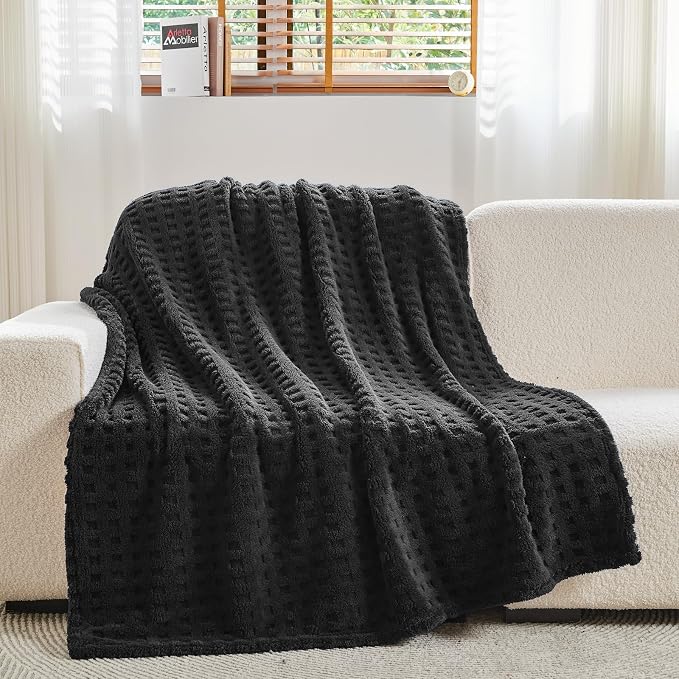NEWCOSPLAY 3D Waffle Checkered Flannel Twin Blanket, Black, 60"x80" | Super Soft Cute Lightweight Decorative Premium Silky Fleece Blanket for Couch Sofa Bed, Gift for Women Men, All Season Use