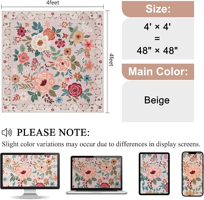 DUKINO 4x4 Square Area Rug, Soft Floral Washable Rug for Entryway, Beige | Non Slip, Low Pile, Stain Resistant Indoor Rug for Kitchen, Bedroom, Living Room, Nursery, Pet Friendly, Modern Home Decor
