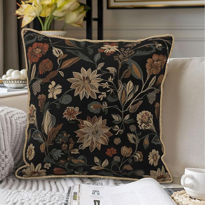 KSLIDS Vintage Floral Brown Black Soft Velvet Throw Pillow Covers Set of 2 Retro Boho Flower Leaves Decorative Pillow Covers 18x18 Inch Bohemian Pillow Case for Sofa Couch Farmhouse Home Decor