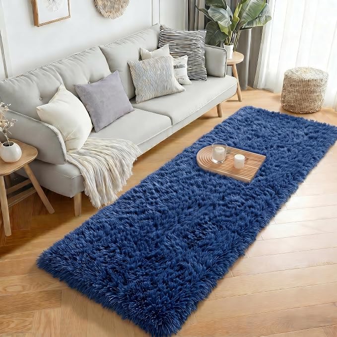 Navy Blue Rugs for Bedroom, Living Room 2x6 Ft, Fluffy Runner Rugs, Plush Hallway Carpet, Soft Shaggy Long Bedside Rugs, Floor Boys Room Dorm Rug Kids Nursery Playroom Navy Room Decor Aesthetic