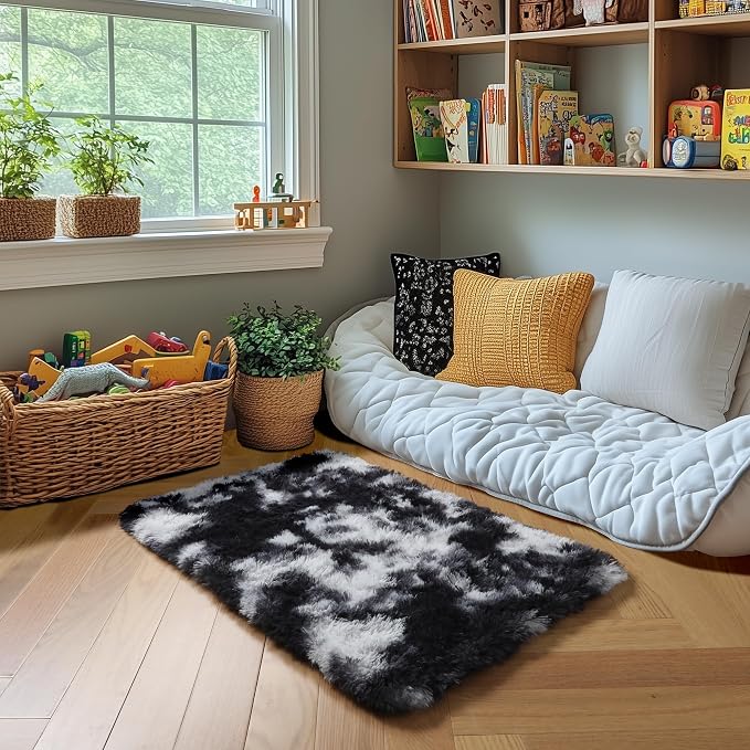 Amdrebio Black White Grey Small Mini Rug 2x3 for Boys Bedroom Dorm Office | Fuzzy Fluffy Furry Plush Cool Carpet, Classroom Men Cave Playroom Living Room Decor, Gothic Aesthetic, Teen Baby Kids Corner