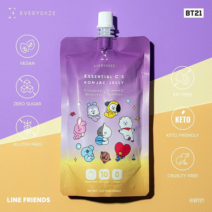 EVERYDAZE BT21 Essential C’s Konjac Jelly | Korean Pear | Plant-Based Collagen Booster | Gluten Free, Sugar Free, Low Calorie | Healthy Drinkable Fruit Snack | 10 Pack Box Food Drink Pouch