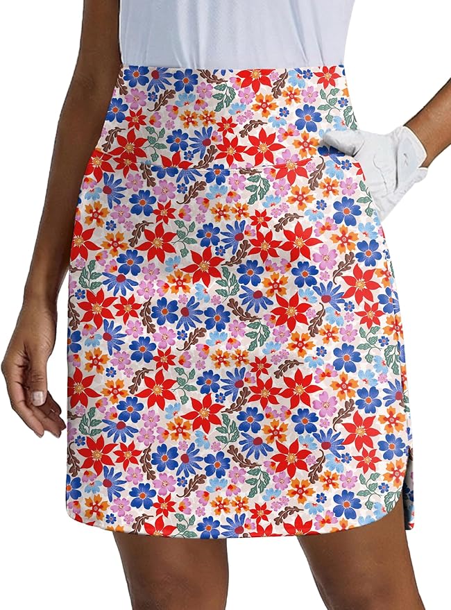 PINSPARK 18" Skorts for Woman Above Knee Length Golf Skirts 3 Pockets | High Waist, Built in Shorts, UV Protection, 4-Way Stretch, Soft, Dolphin Hem, Athletic, Tennis, Pickleabll, Casual