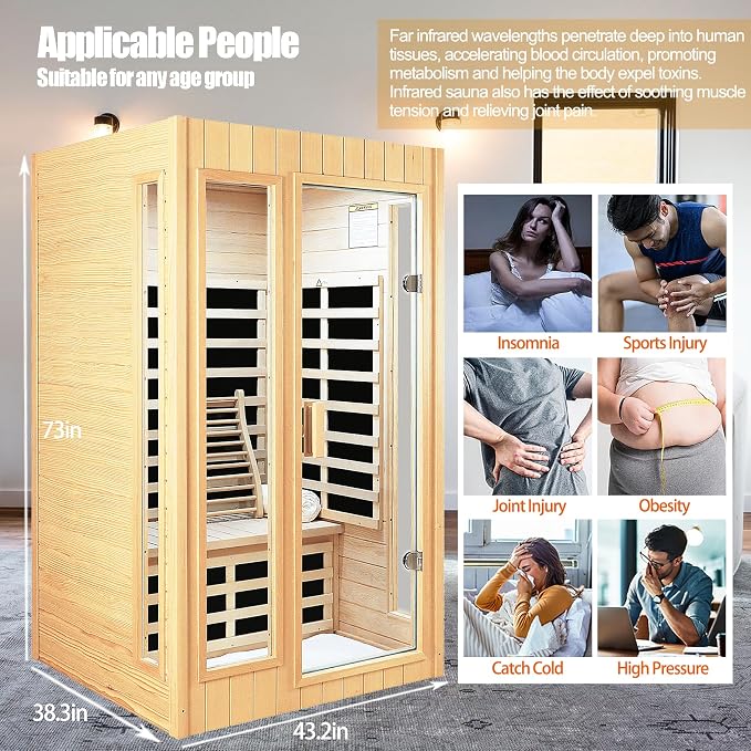 2 Person Sauna, Low EMF Far Infrared Sauna, 1500W Hemlock Wood Sauna Indoor Sauna Infrared Sauna for Home with Bluetooth Speakers, Reading Lamps, Tempered Glass