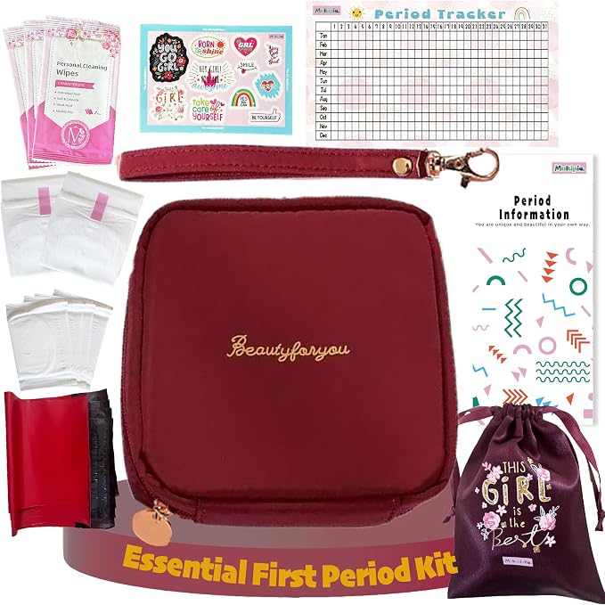 Essential Period Kit for Girls | First Period kit for Girls 10-12 | Period Bags for Teen Girls for School | First Period Gift with Sanitary Pad Storage Bag, Wipes, Period Tracker and More (Red)