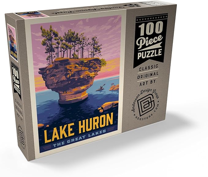 MyPuzzle Great Lakes: Lake Huron, Vintage Poster - Premium 100 Piece Jigsaw Puzzle for Adults
