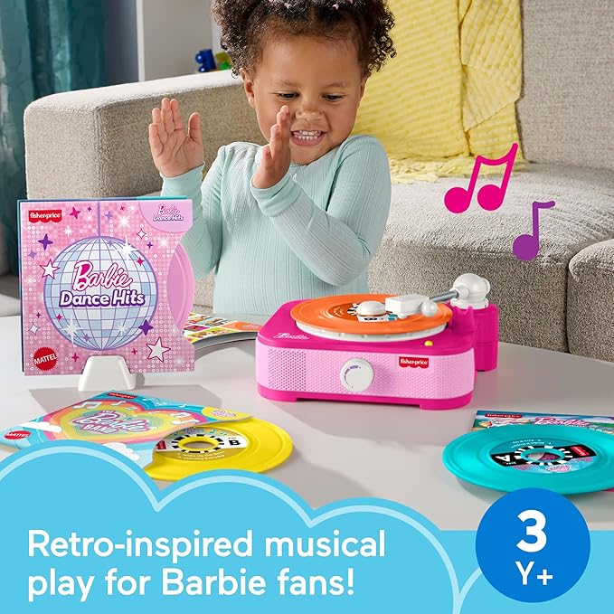 Fisher-Price Musical Toy Barbie Record Player with 5 Records & Display Rack for Preschool Pretend Play Kids Ages 3+ Years
