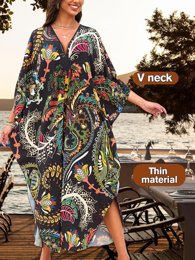 ChiaoLezhee Print Moo-Moos for Women, Kaftan Cover-Up Dresses, Sexy V-Neck High-Slit, Beach Pool-Party Coverups Muumuu Plus