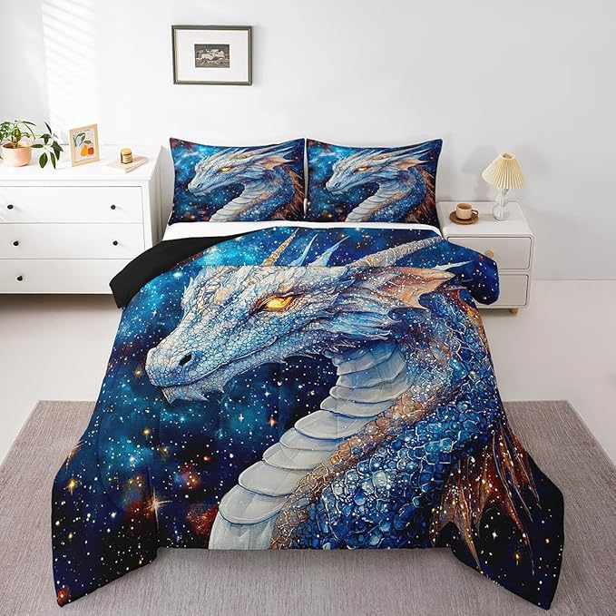 Feelyou Dragon Comforter Set King Size Dragon Stuff Comforter for Boys Girls Teens Wild Life Bedding Set Dragon Decor Duvet Set Room Decor Blue Quilt Set