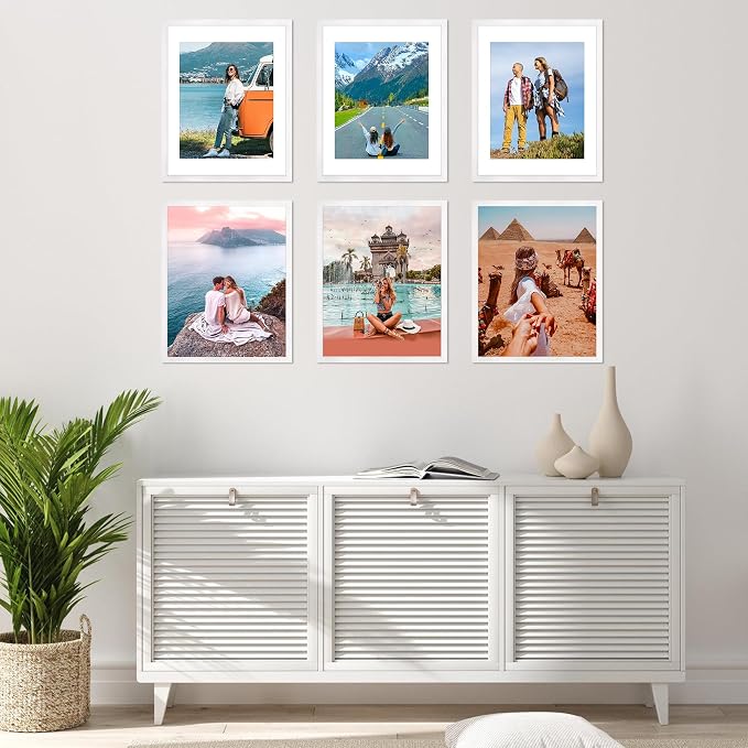 11x14 Picture Frame Set of 6, White Photo Frames Bulk with HD Plexiglass, Display Pictures 8x10 with Mat or 11x14 Without Mat, Multi Picture Frames Collage for Wall Decor