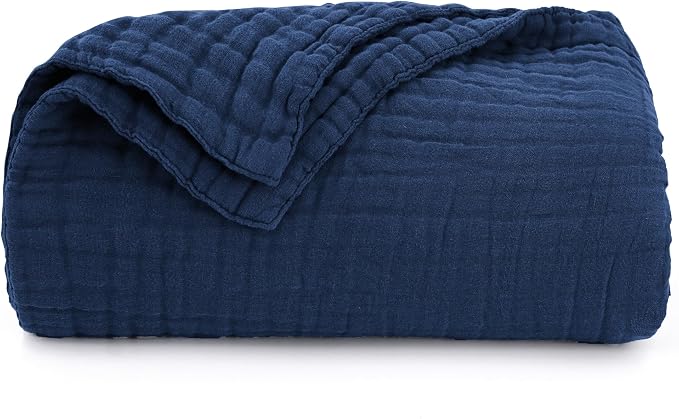 Love's cabin 100% Cotton Muslin Blanket, 6 Layer Lightweight Breathable Gauze Twin Size Blanket 60 x 80 Inches, Soft Summer Blanket for Bed or Couch, Dark Blue