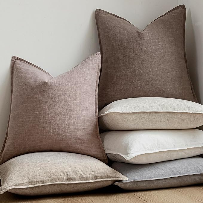 Foindtower Set of 2, Decorative Linen Solid Throw Pillow Covers Soft Accent Euro Cushion Case Boho Farmhouse Pillowcase for Chair Couch Sofa Bedroom Living Room Home Decor 22 x 22 Inch Dusty Pink