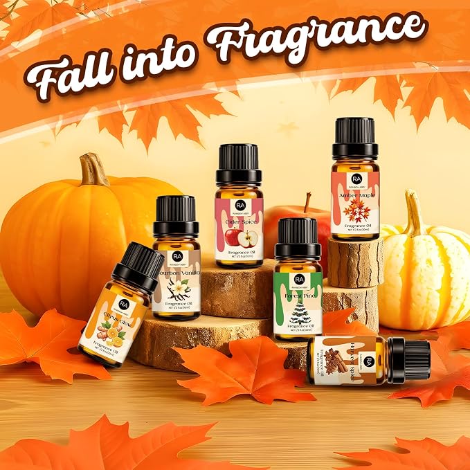 RAINBOW ABBY Fall Fragrance Oils Set, Autumn Essential Oils for Diffuser, Candle Making, Aromatherapy Oils Gift - Amber Maple, Cider Spice, Harvest Spice, Bourbon Vanilla, Forest Pine, Citrus Glow