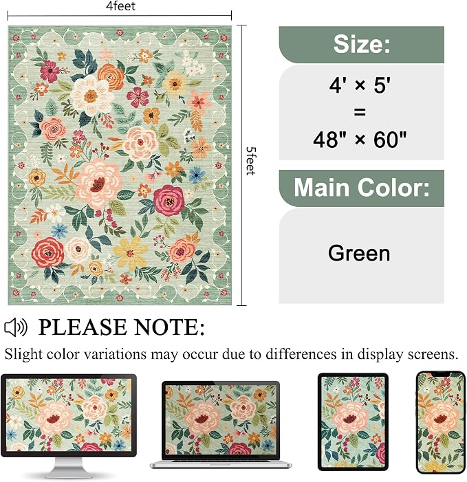 DUKINO 4x5 Area Rug for Entryway, Soft Floral Washable Rug Non Slip, Green | Low Pile, Non-Shedding Indoor Carpet for Bedroom, Kitchen, Living Room, Nursery, Pet Friendly, Stain Resistant, Home Decor