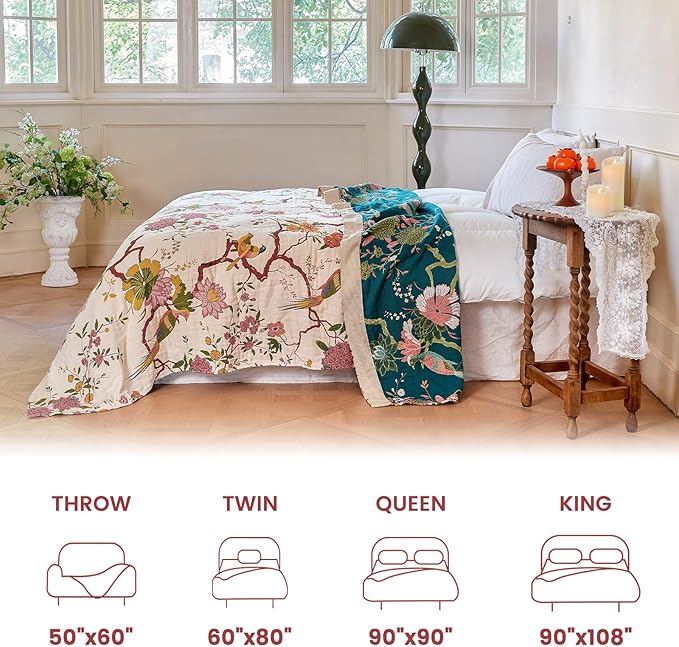 MSGKV Boho Throw Blanket 50"x60" Cotton Bird Blanket for Couch Bed Decor | 100% Cotton Throw, Chinoiserie Floral Bird, Reversible Blanket, Summer Decor, Road Trip Blanket, Machine Washable
