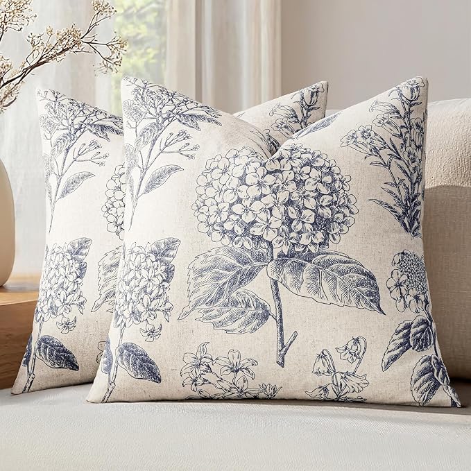 Set of 2 Decorative Floral Pillow Covers 20x20 Inch Navy Blue | Neutral Hydrangea Print, Boho Vintage Throw Cushion Covers, Cottagecore Home Decor, for Sofa Couch Porch Bedroom Living Room