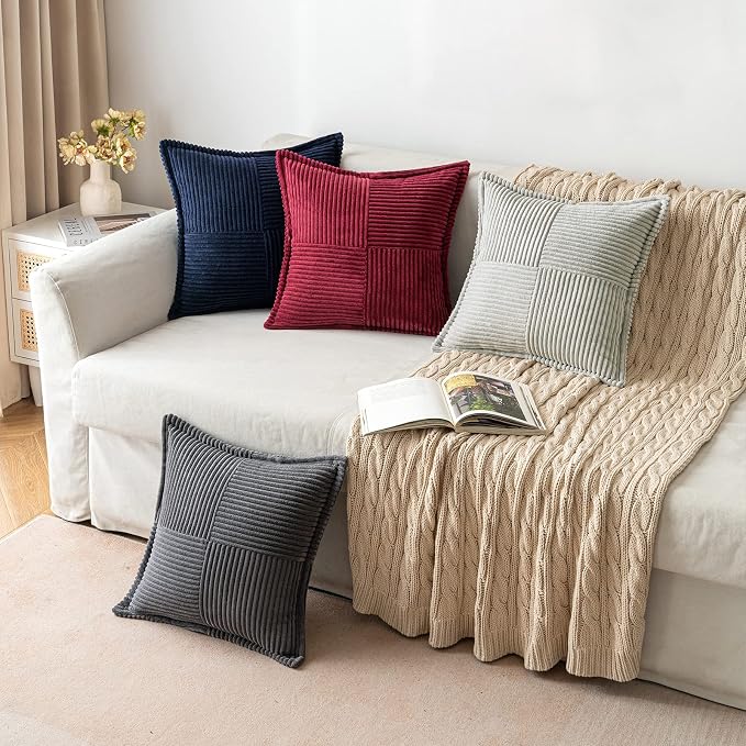 MIULEE Decorative Throw Pillow Covers for Couch 12x12 Inch Navy Blue 2 Pack | Boho Broadside Striped Patchwork Pillow Covers, Soft Corduroy Cushion Cases, For Sofa Bed Livingroom Home Decor