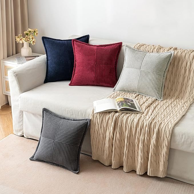 MIULEE Decorative Throw Pillow Covers for Couch 16x16 Inch Navy Blue 2 Pack | Boho Broadside Striped Patchwork Pillow Covers, Soft Corduroy Cushion Cases, For Sofa Bed Livingroom Home Decor