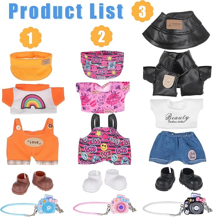 iBayda Total 3 Sets Doll Clothes Outfits & Accessories Playset for 17cm Dolls Include:3 Hats, 3 Bags, 3 Tops, 2 Rompers, 1 Coat, 1 Pants, 3 Shoes (Doll and Glasses are Not Icluded)